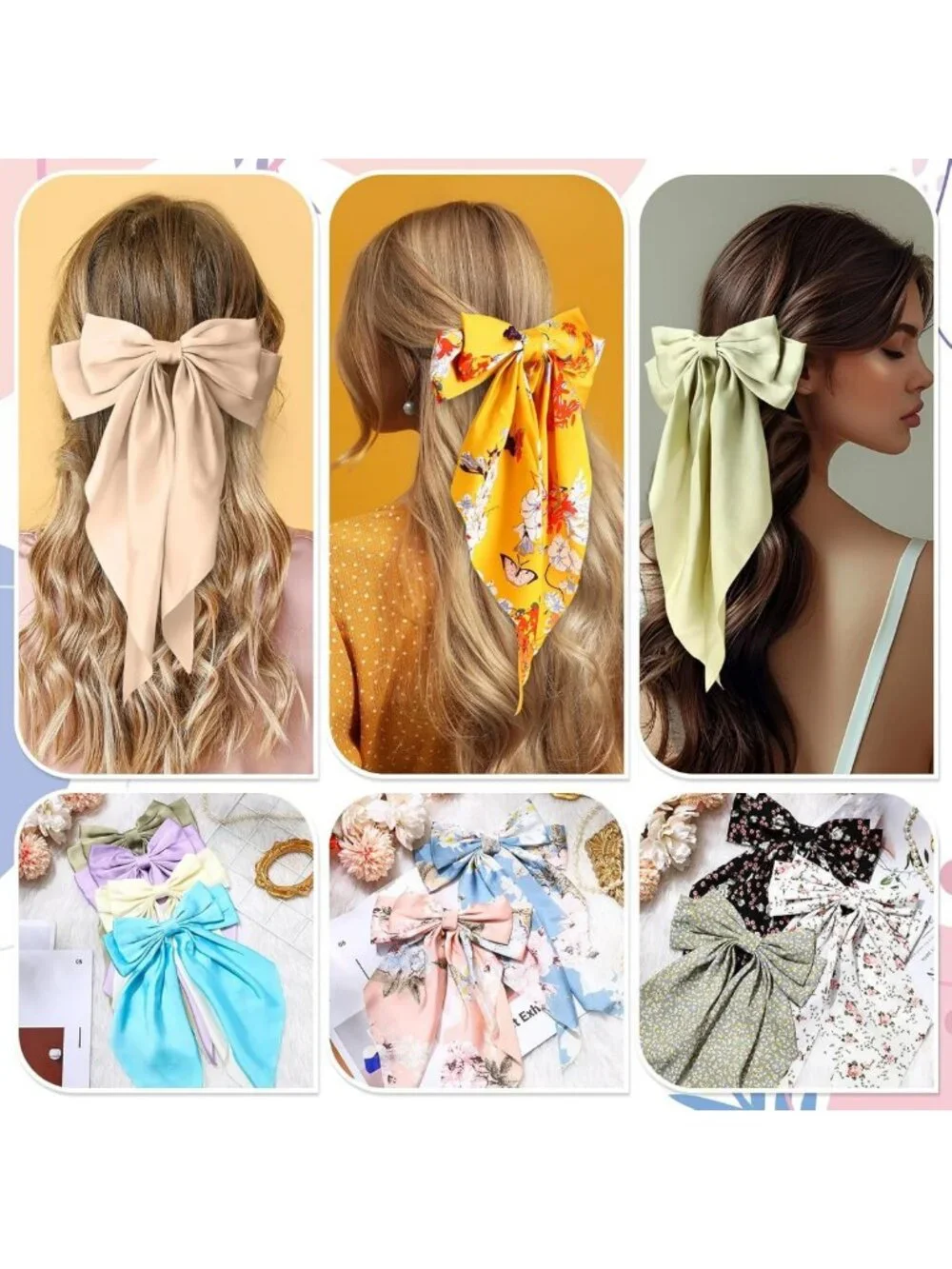 36 Pcs Oversized Satin Hair Bows for Women - Black & White Long Tail Clips